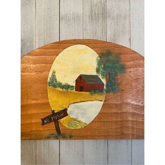 Vintage 1998 Handmade Hand Painted Wooden Hanging Sign Barn & Pond Scene Signed - Picture 2 of 8